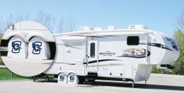 Creighton RV Tire Shade w/ Blue Jays Logo - White Vinyl